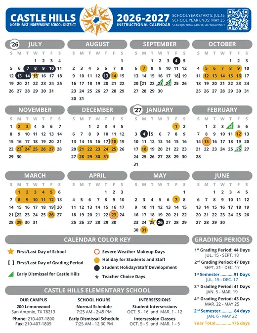 Castle Hills Elementary School 2026–2027 Academic Calendar