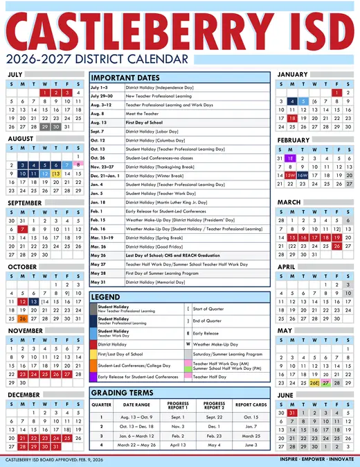 Castleberry ISD 2026–2027 Academic Calendar