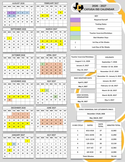 Cayuga ISD 2026–2027 Academic Calendar Page 1