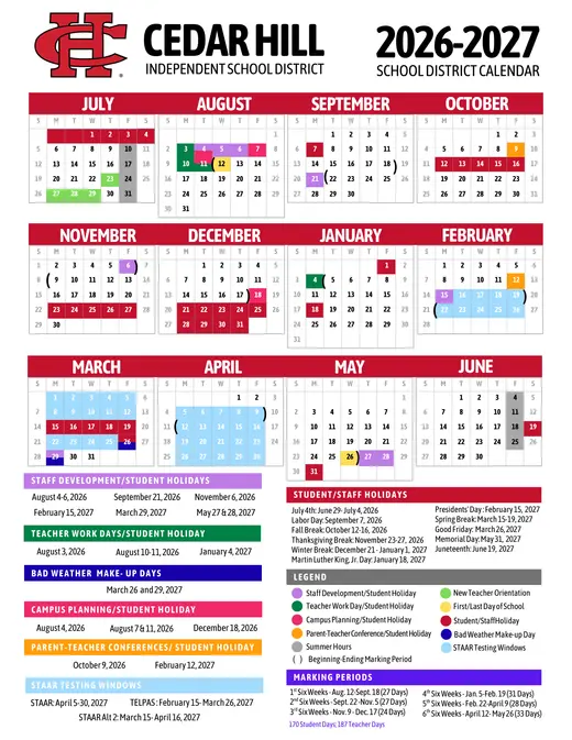 Cedar Hill Independent School District 2026–2027 Academic Calendar Page 1