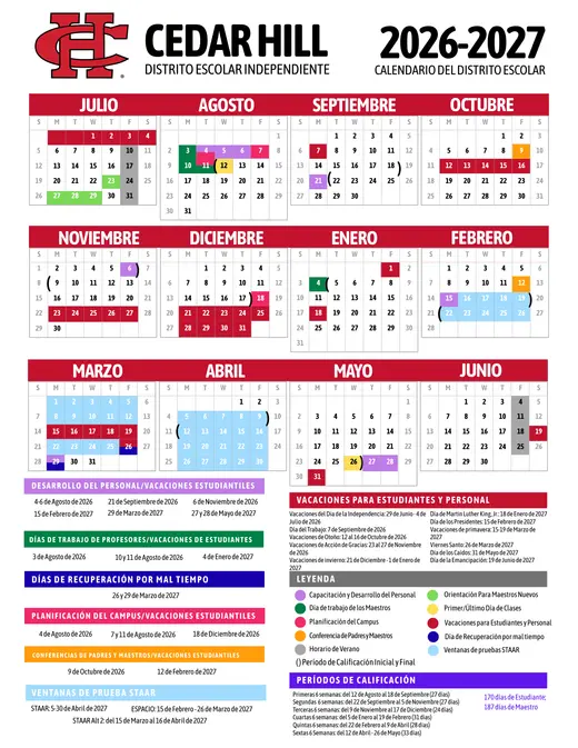 Cedar Hill Independent School District 2026–2027 Academic Calendar Page 2