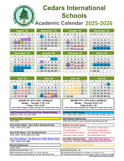 Cedars International Schools 2025–2026 Academic Calendar
