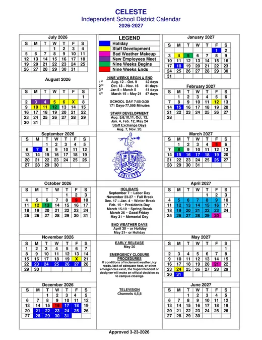 Celeste Independent School District 2026–2027 Academic Calendar