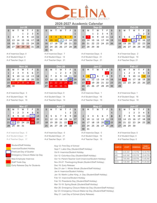Celina Independent School District 2026–2027 Academic Calendar