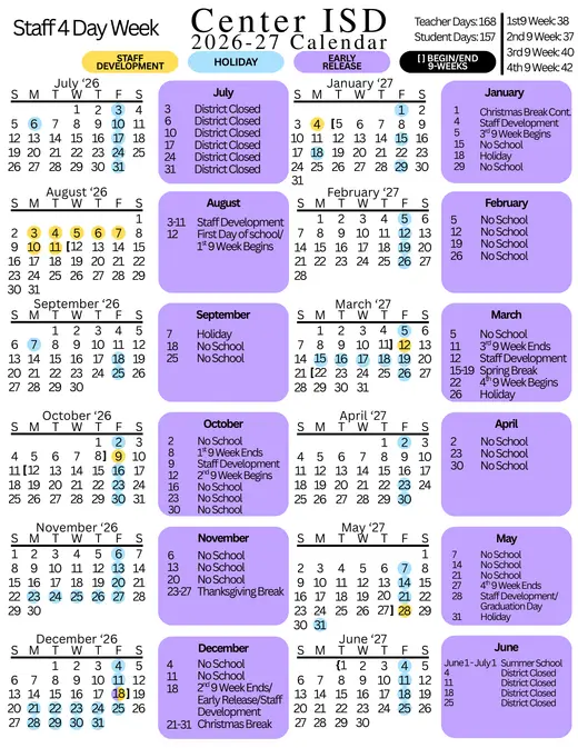 Center ISD 2026–2027 Academic Calendar