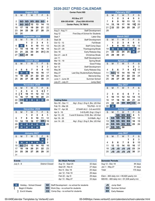 Center Point ISD 2026–2027 Academic Calendar