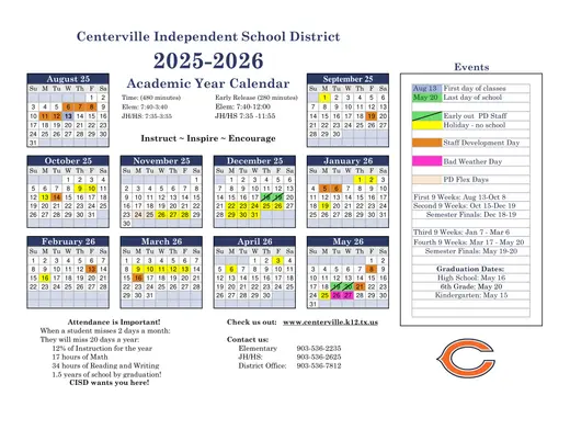 Centerville Independent School District 2025–2026 Academic Calendar