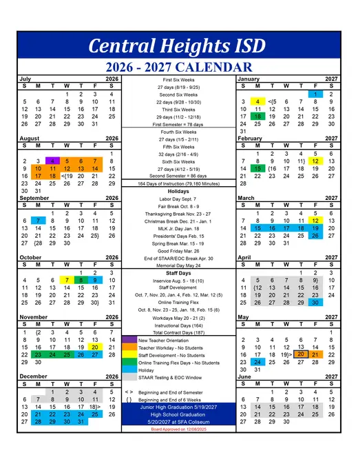 Central Heights ISD 2026–2027 Academic Calendar Page 1