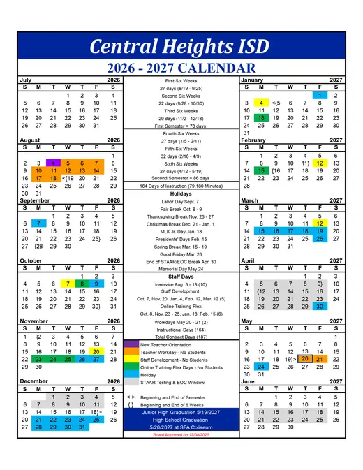 Central Heights ISD 2026–2027 Academic Calendar Page 2