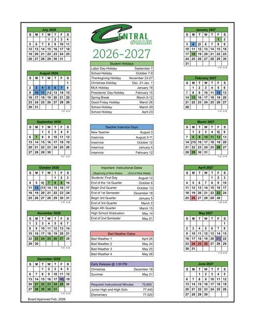 Central ISD 2026–2027 Academic Calendar