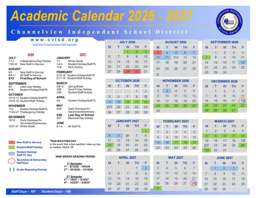Channelview Independent School District 2026–2027 Academic Calendar
