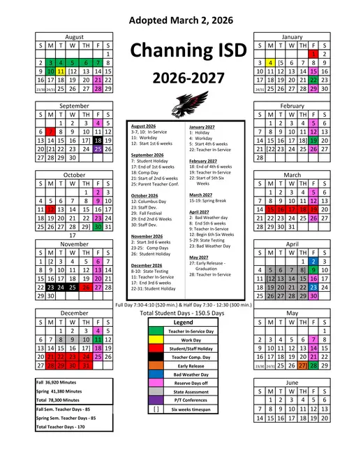 Channing ISD 2026–2027 Academic Calendar