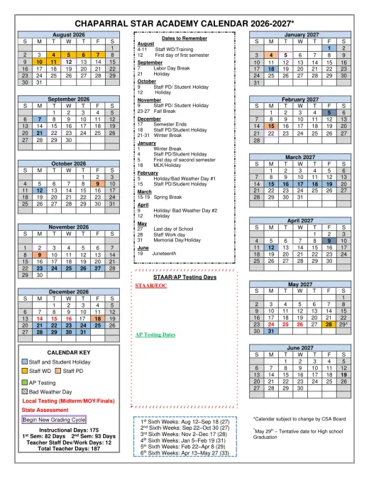 Chaparral Star Academy 2026–2027 Academic Calendar Page 1