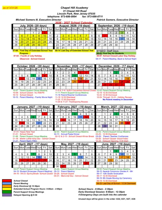 Chapel Hill Academy 2026–2027 Academic Calendar Page 1