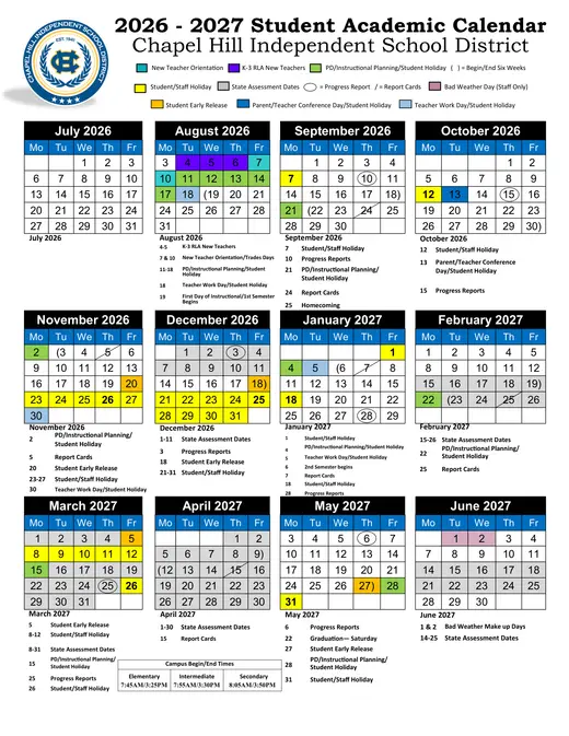 Chapel Hill Independent School District 2026–2027 Academic Calendar