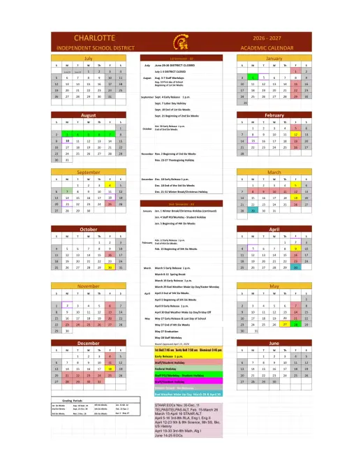 Charlotte ISD 2026–2027 Academic Calendar Page 1