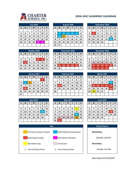 Charter Schools, Inc 2026–2027 Academic Calendar