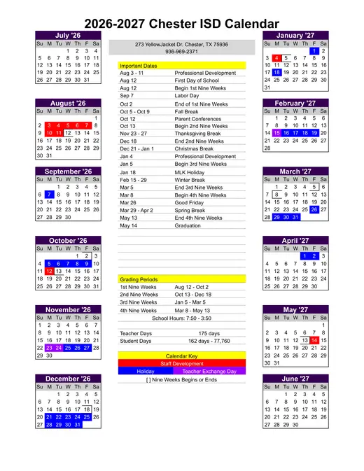 Chester ISD 2026–2027 Academic Calendar