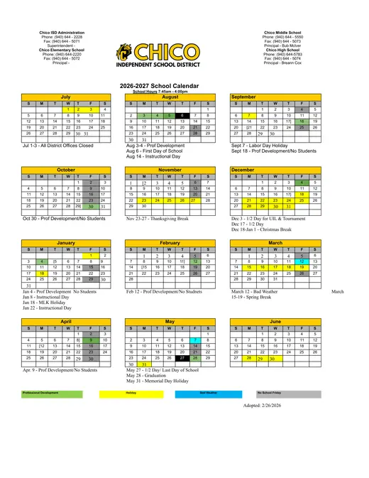 Chico Independent School District 2026–2027 Academic Calendar