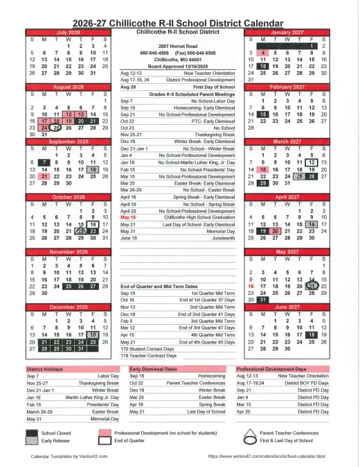 Chillicothe ISD 2026–2027 Academic Calendar Page 1