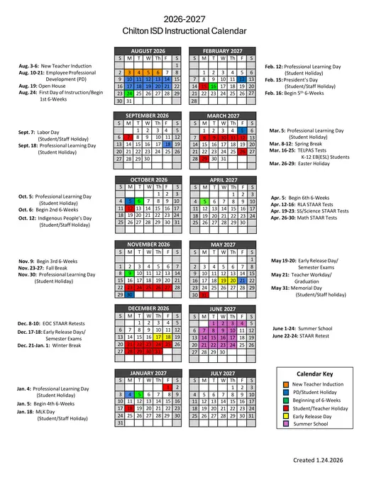 Chilton ISD 2026–2027 Academic Calendar Page 1