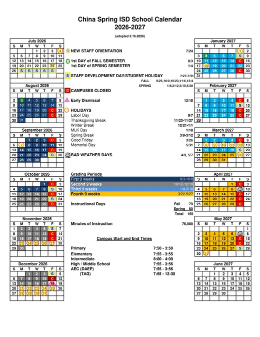 China Spring ISD 2026–2027 Academic Calendar