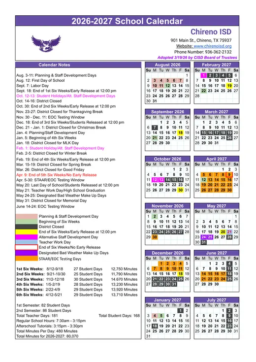 Chireno ISD 2026–2027 Academic Calendar