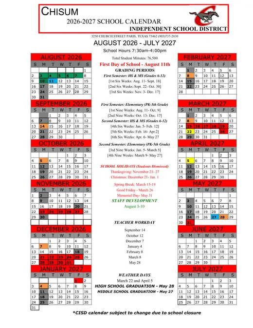 Chisum Independent School District 2026–2027 Academic Calendar