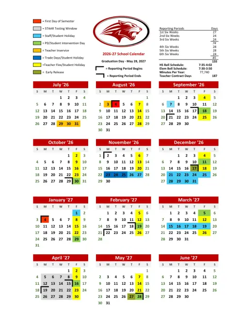 Christoval ISD 2026–2027 Academic Calendar Page 1