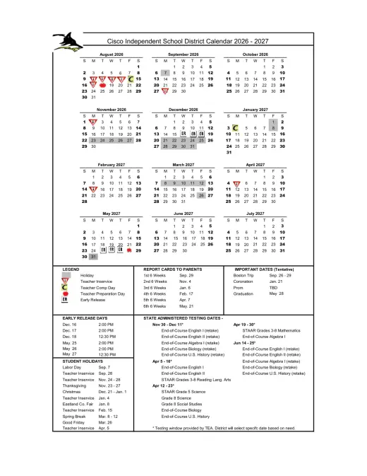 Cisco ISD 2026–2027 Academic Calendar Page 1