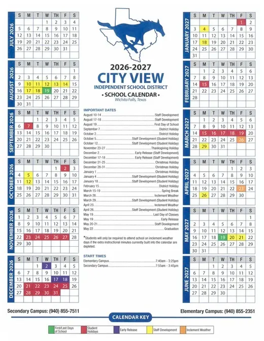 City View ISD 2026–2027 Academic Calendar Page 2