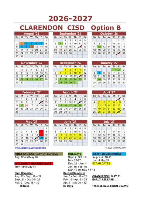 Clarendon CISD Option B 2026–2027 Academic Calendar Page 1