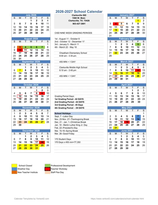 Clarksville ISD 2026–2027 Academic Calendar Page 1