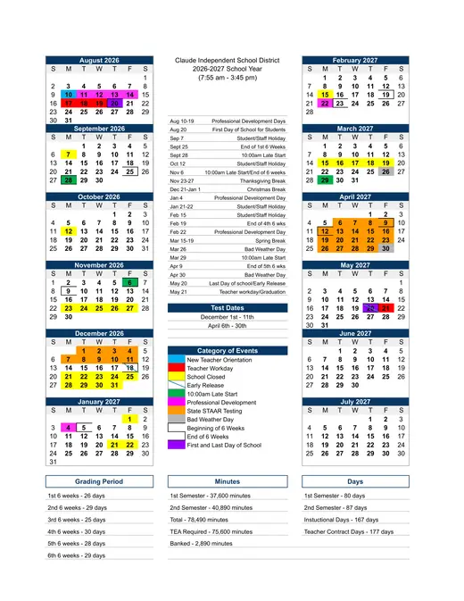 Claude ISD 2026–2027 Academic Calendar Page 1