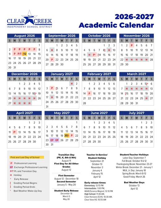 Clear Creek Independent School District 2026–2027 Academic Calendar Page 1