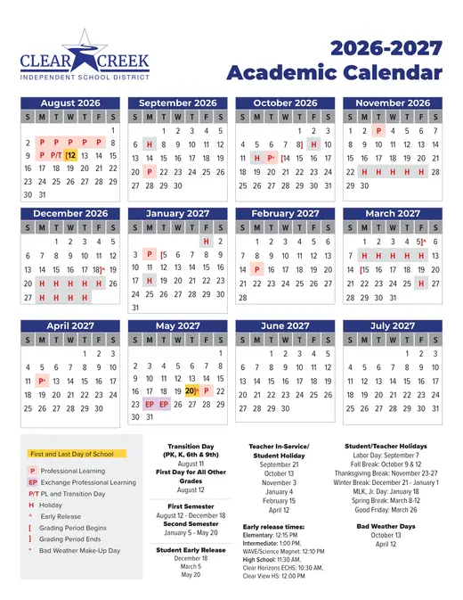 Clear Creek Independent School District 2026–2027 Academic Calendar Page 2