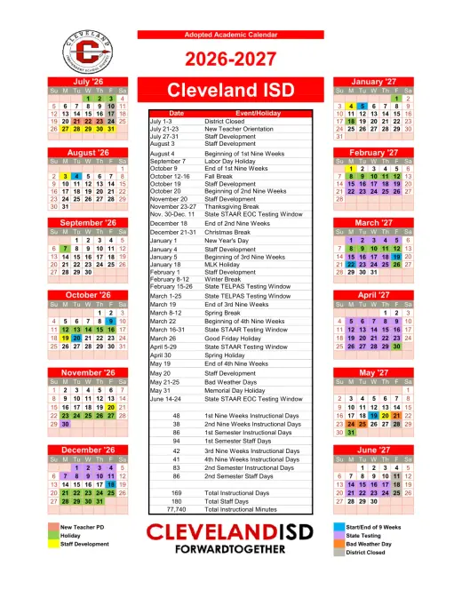 Cleveland ISD 2026–2027 Academic Calendar Page 1