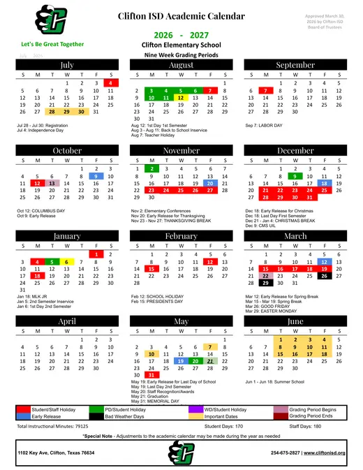 Clifton ISD 2026–2027 Academic Calendar Page 1