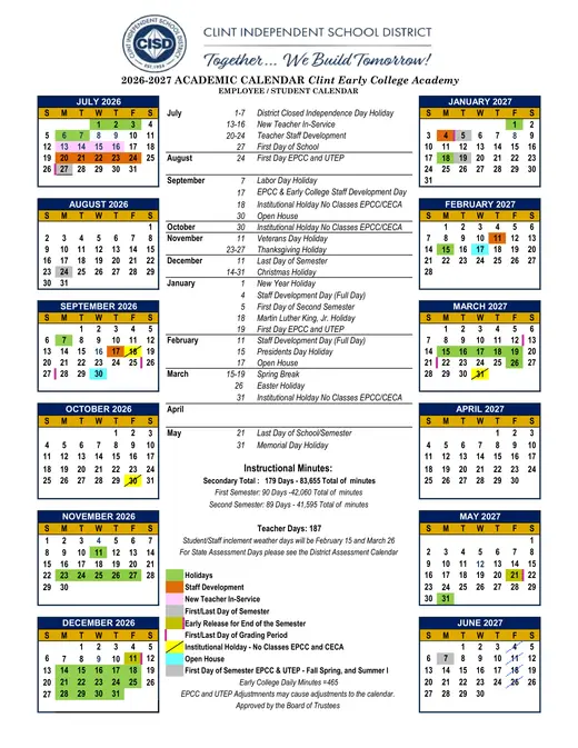 Clint Early College Academy 2026–2027 Academic Calendar