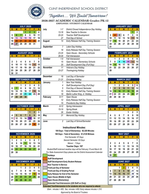 Clint Independent School District 2026–2027 Academic Calendar