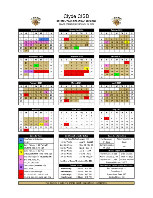 Clyde CISD 2026–2027 Academic Calendar