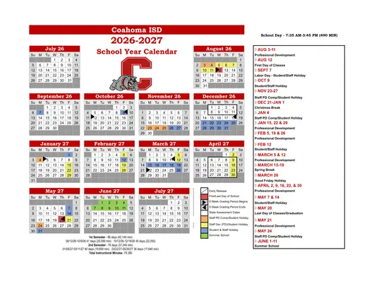 Coahoma ISD 2026–2027 Academic Calendar Page 1