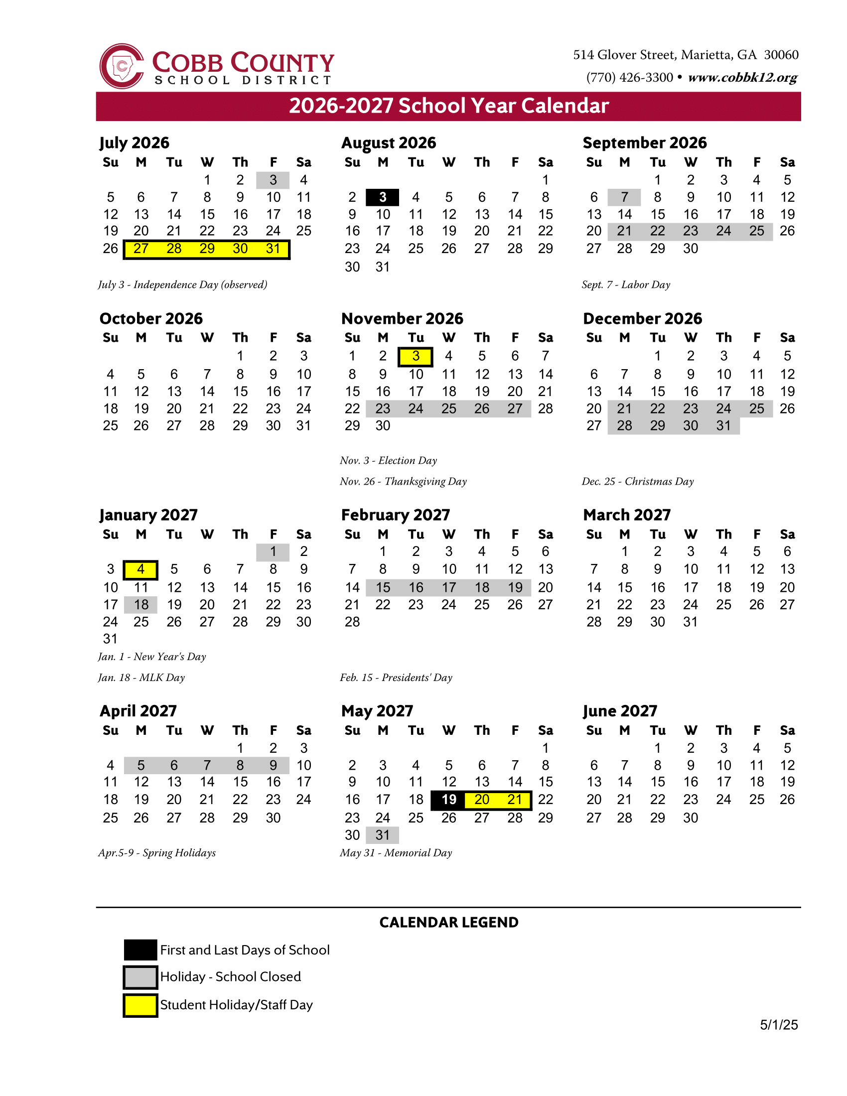 Cobb County School District 2026–2027 Academic Calendar Page 2