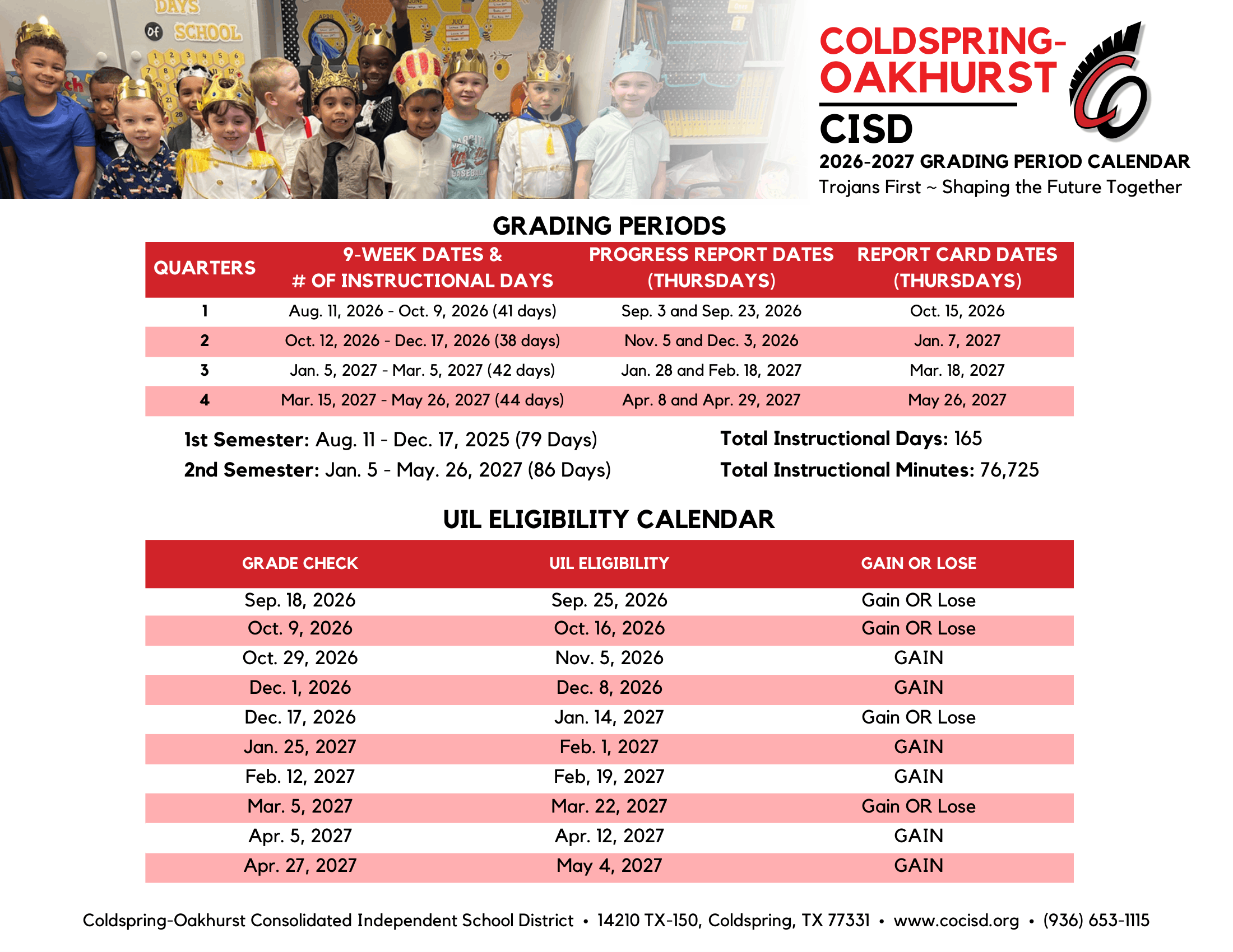 Coldspring-Oakhurst CISD 2026–2027 Academic Calendar Page 2