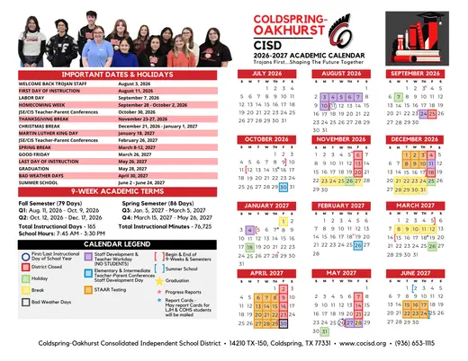 Coldspring-Oakhurst CISD 2026–2027 Academic Calendar Page 1
