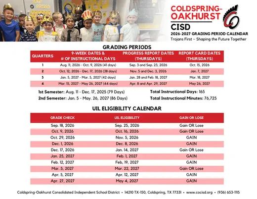 Coldspring-Oakhurst CISD 2026–2027 Academic Calendar Page 2
