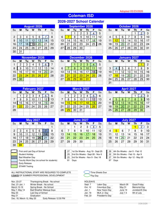 Coleman ISD 2026–2027 Academic Calendar Page 1