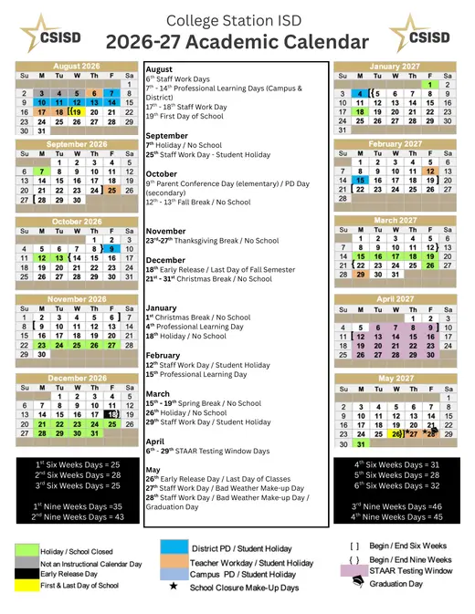 College Station ISD 2026–2027 Academic Calendar