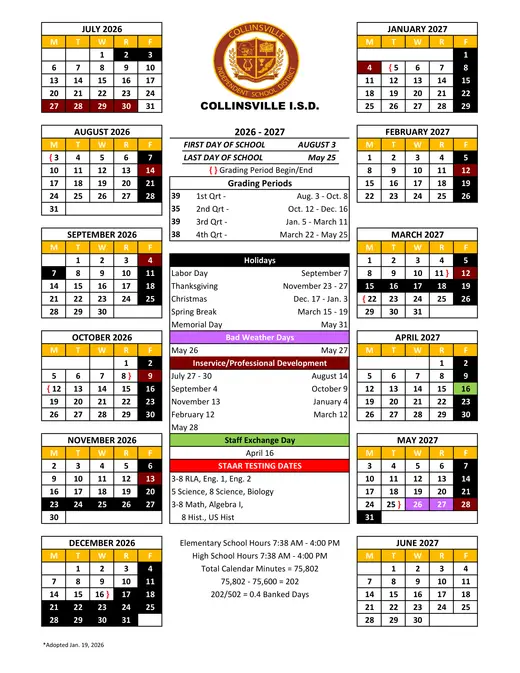 Collinsville I.s.d 2026–2027 Academic Calendar Page 1