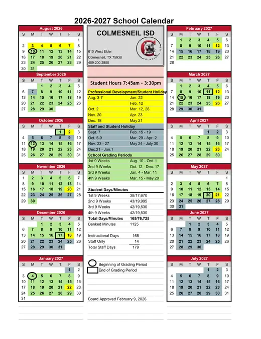 Colmesneil ISD 2026–2027 Academic Calendar Page 1